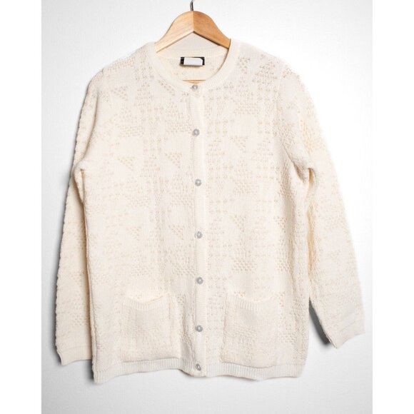 Vintage Women's Cream Crewneck Acrylic Cardigan Sweater Size Large - Picture 2 of 7